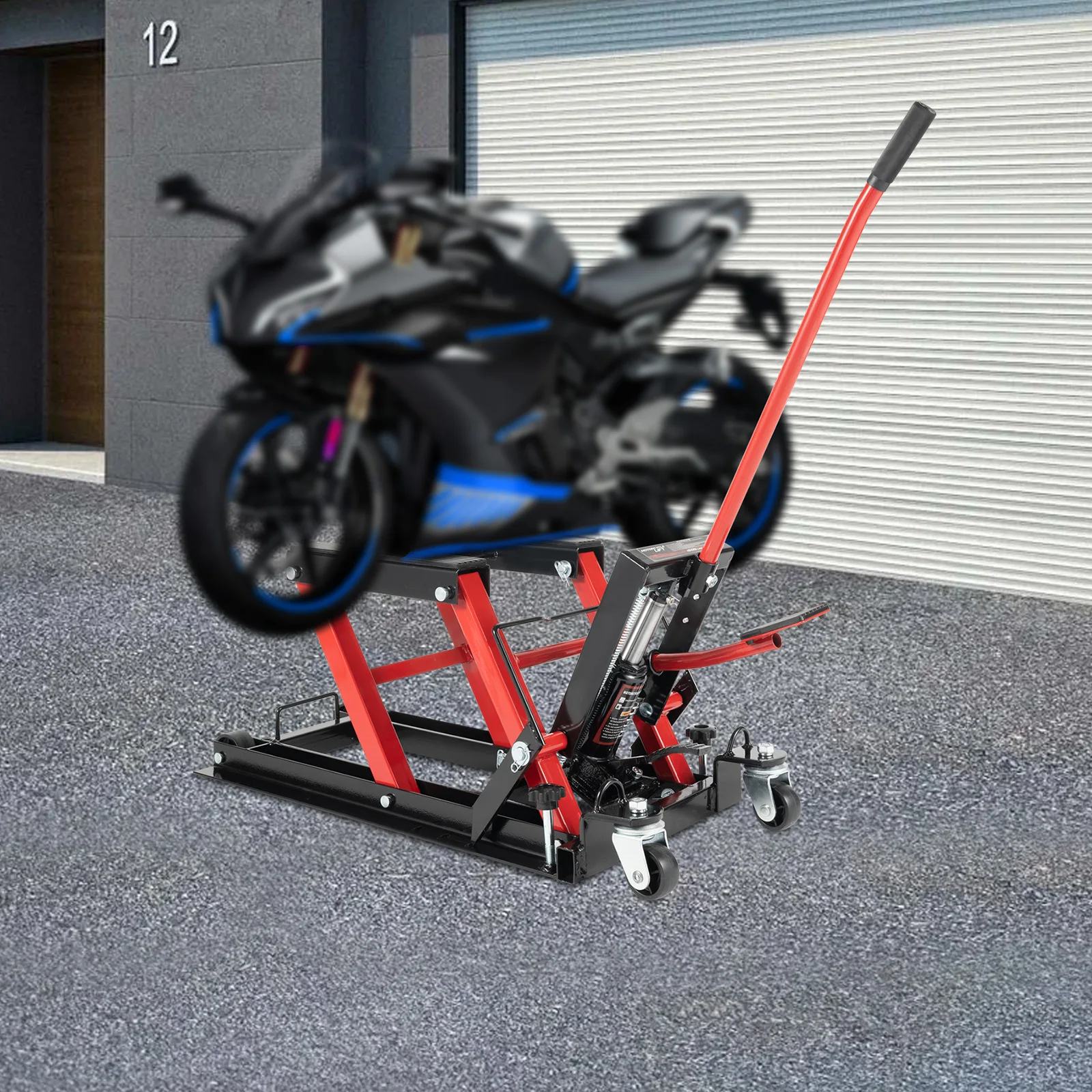 رافعة هيدروليكية للدراجة النارية 680 كجم، رافعة مقصية هيدروليكية أسطوانية حمراء/زرقاء، حامل إصلاح رافعة الدراجة، مصعد خدمة الدراجة النارية