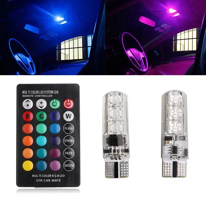 New 2pcs T10 5050 SMD RGB 6 LED Auto Car Wedge Side Light Lamp LED Demo Lamp Bulb RGB LED Light Bulb W/Remote Controller Strobe