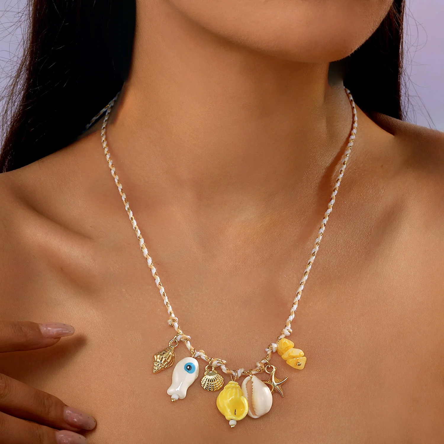 Dopamine Necklace Women Colorful Starfish Heart Shell Boho Jewelry Adjustable Rope Chain Festival Clavicle Gift