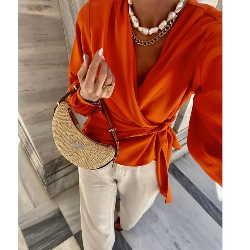 Orange Elegant Temperament Women\'s Shirt V-neck Lace Up Waistband Lantern Sleeves Slim Fit Autumn New Product Blouse Top 2024