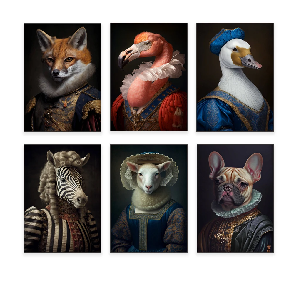 Elegante Ente, Fuchs, Bulldogge, Affe, Hund, Schafe, Zebra, Katze, Panda, Longhorn-Bulle, Lemur-Porträt, Renaissance-Tierposter