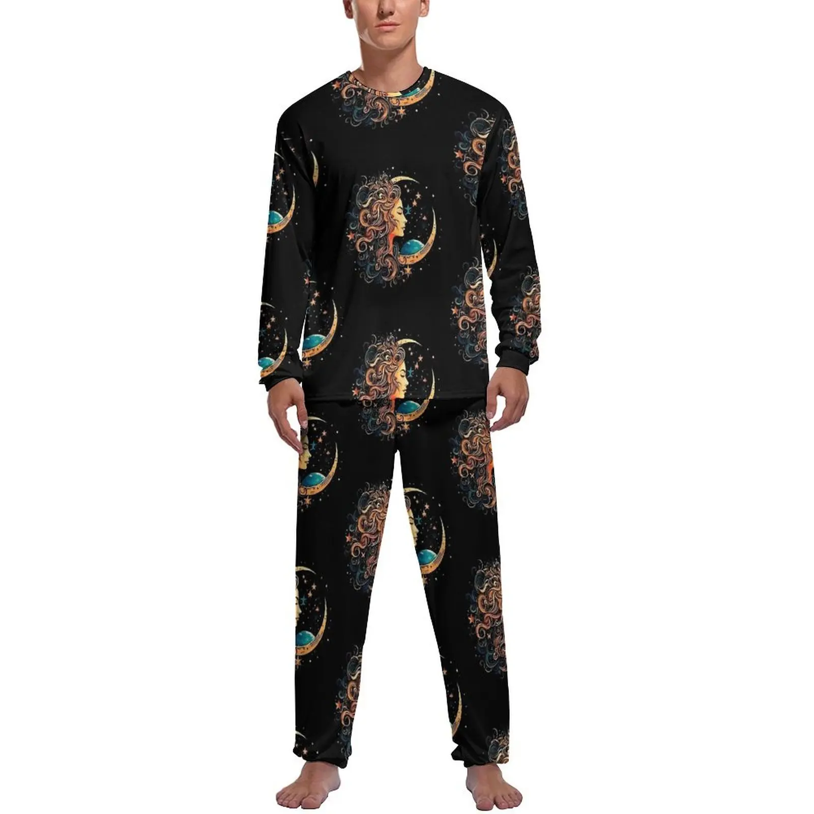 Sun And Moon Print Pajamas Autumn 2 Pieces  Lovely Pajama Sets Male Long Sleeves Aesthetic Graphic Sleepwear