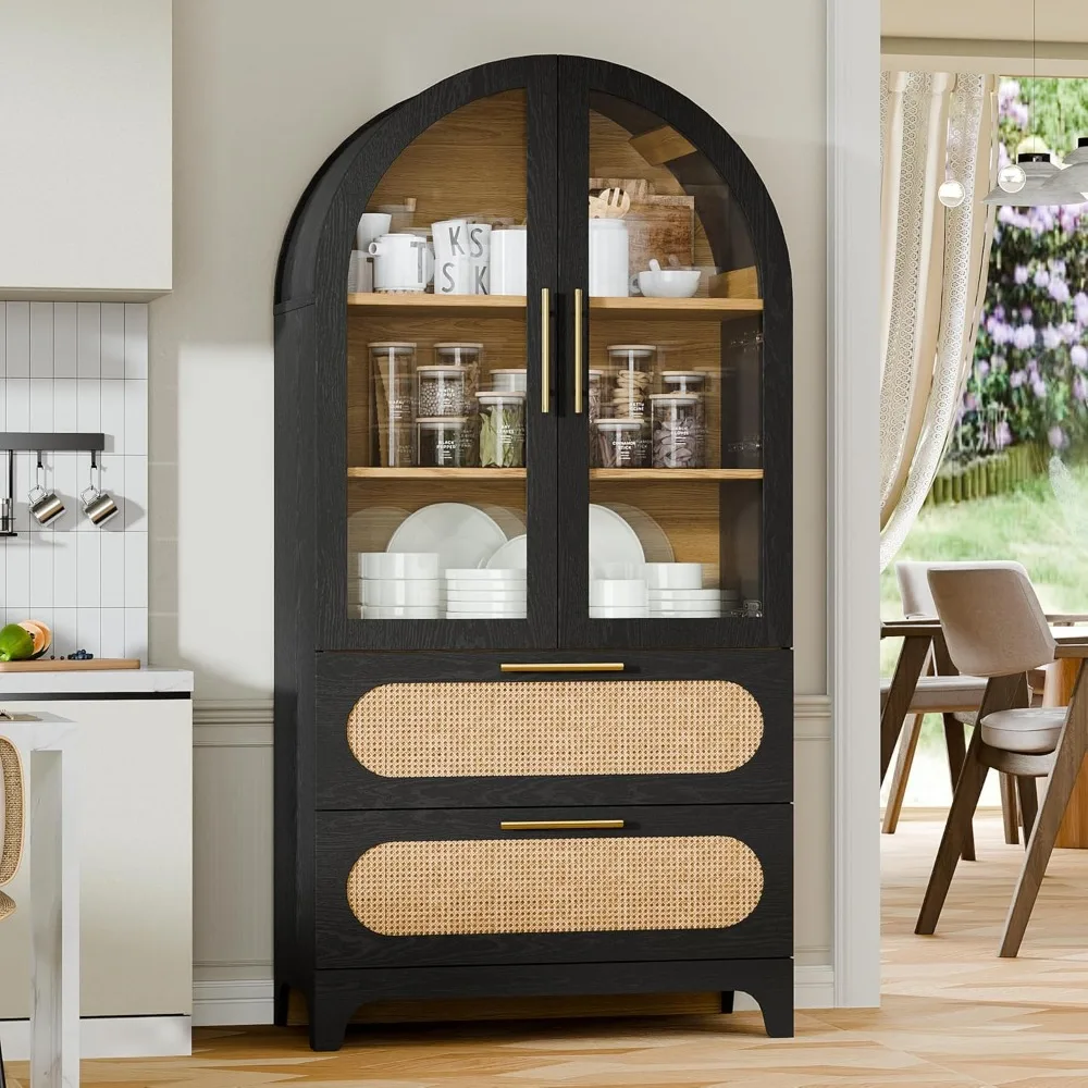 

73" Tall Arched Cabinet with Glass Doors & 2 Rattan Drawers,for Living Room, Dining Room, 5-Tier Storage Cabinet
