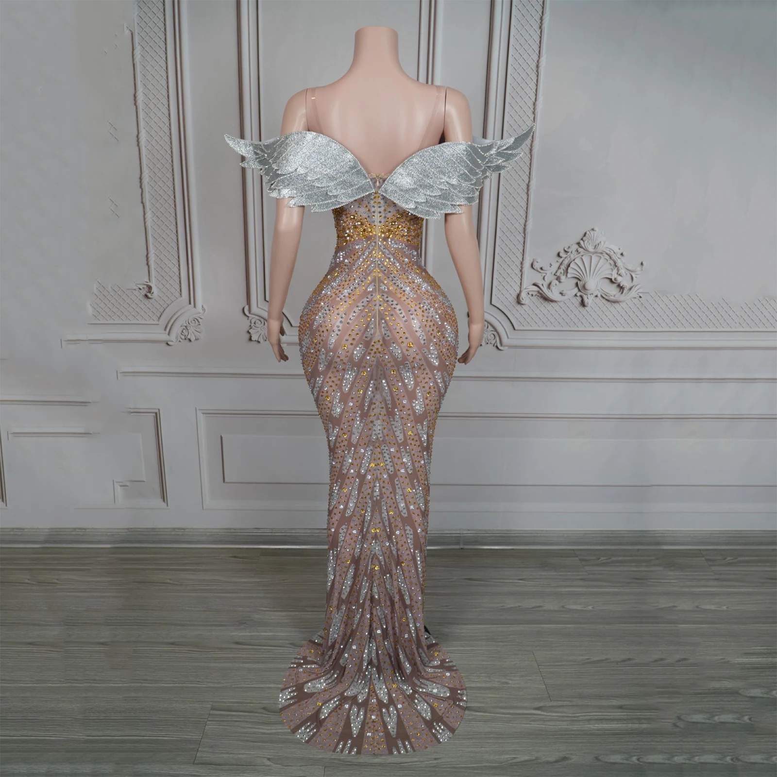 أزياء قاعة الرقص ثوب المرأة الراين تحلق الكتف مساء اللباس عيد ميلاد المرحلة احتفال مهرجان الزي ملابس الحفلات