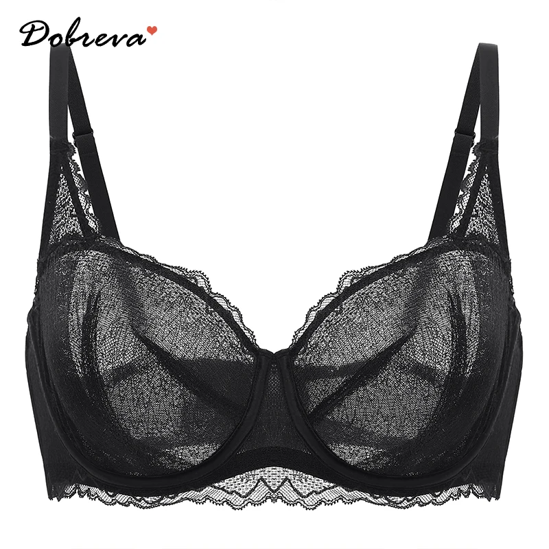 DOBREVA Women\'s Sexy Balconette Lace Bra See through Minimizer Bras Unlined Underwire Plus Size