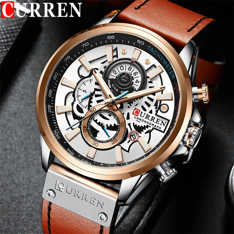 CURREN Watch For Men 8380 Chronograph Calendar Luminous Waterproof 30M Luxury Classic New Genuine Leather Men Watch Reloj Hombre