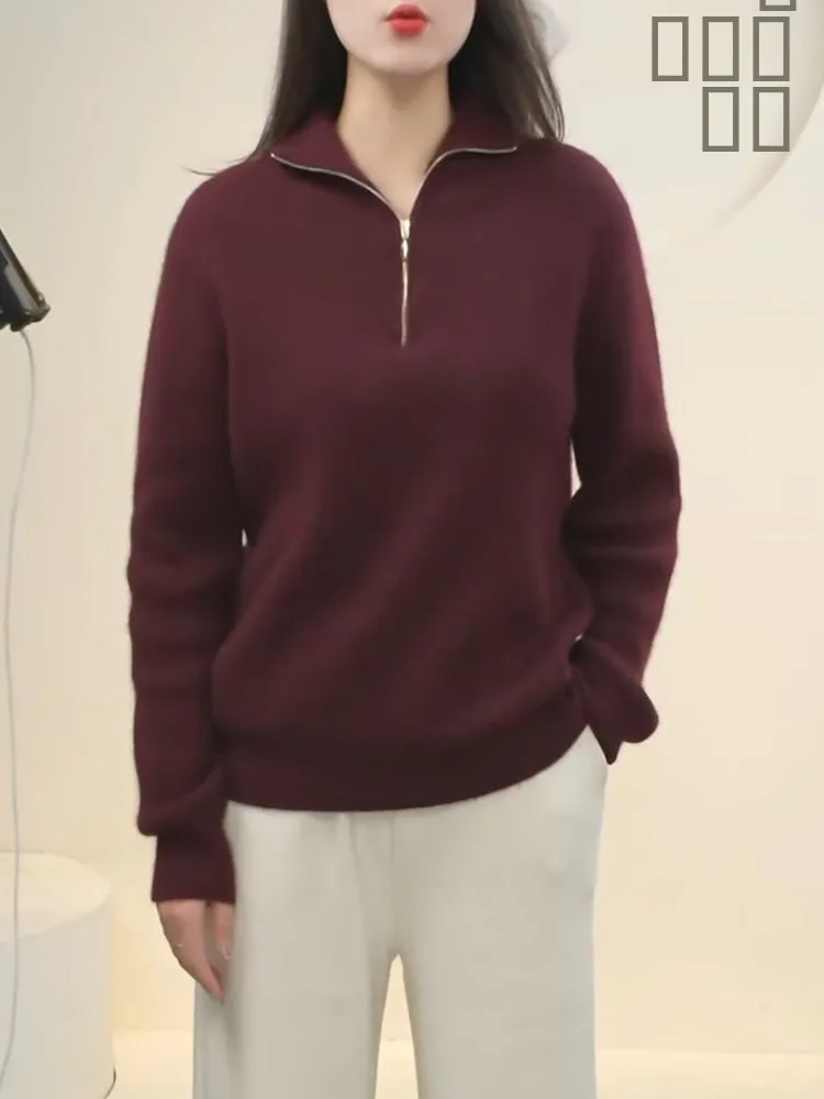 

Красный трикотажный джемпер с полузастежкой-молнией, модный, универсальный, больших размеров, стройнящий, для осени, для повседневной носки, теплый, с длинным рукавом, однотонный