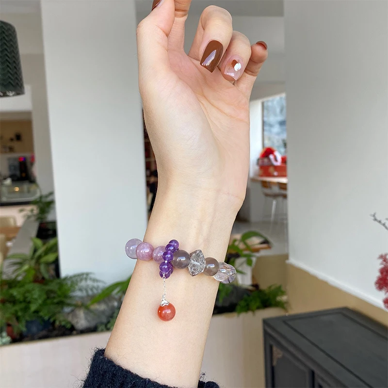 Jiu Zi Li Huo Energy Crystal Bracelet 10mm Natural Multi Treasure Crystal with Southern Red Pendant for Good Luck