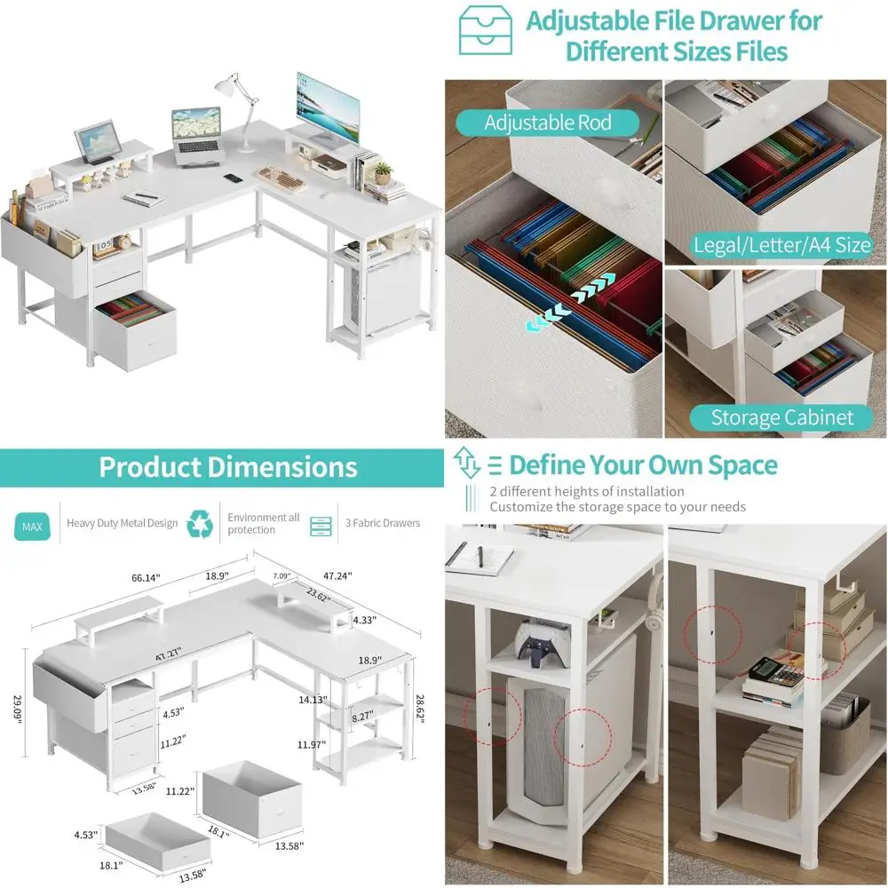 Large L-Shaped Computer Desk with Fabric File Drawers, 66 Inch Home Office Desk, Storage Cabinet, Filing System