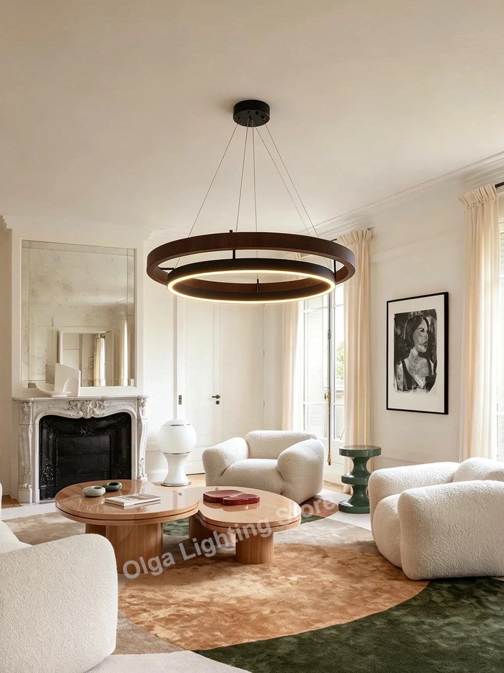 Post-modern Walnut Veins Ceiling Chandelier Round Minimalist Nordic Light Fixture Brushed Gold Chandeliers for Living Room