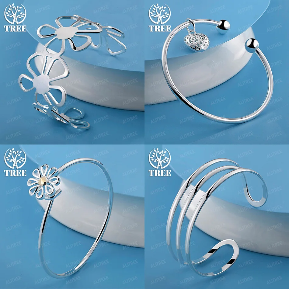 

Fine Christmas Gift 925 Sterling Silver Daisy Flower Love Heart Three-line Opening Bangles Happy Party Cute Jewelry Accessories