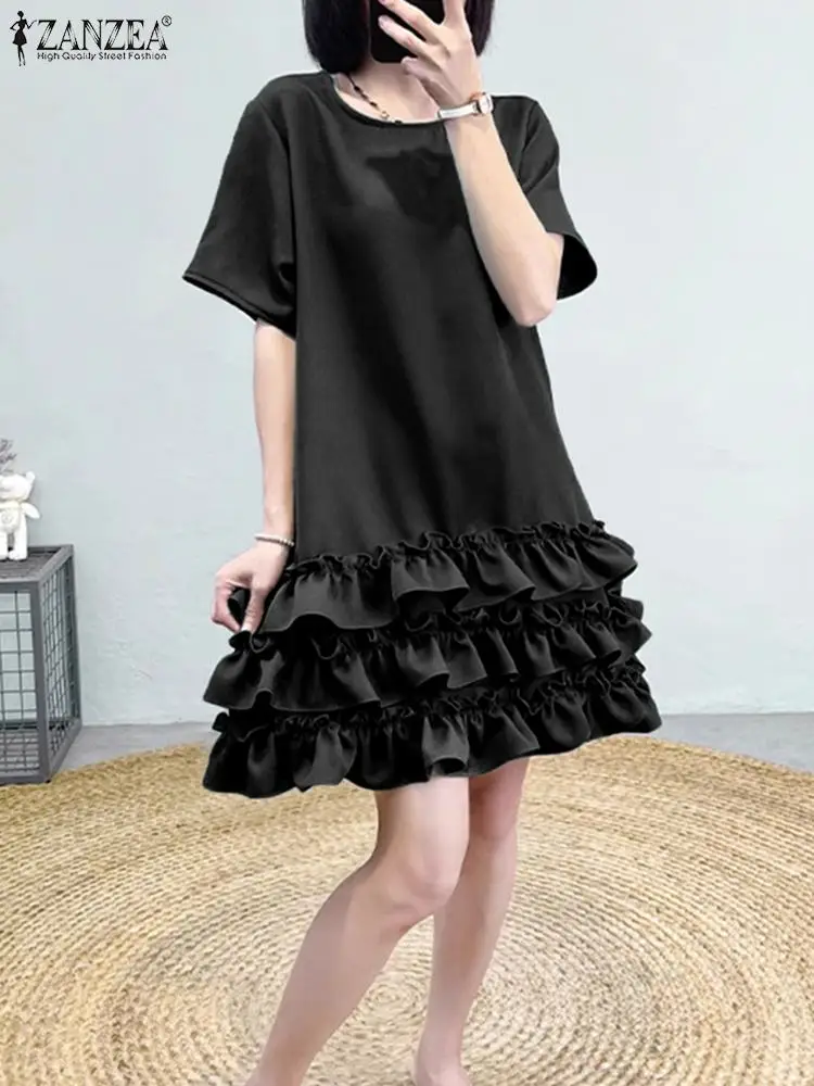 ZANZEA Women Elegant Multilayer Ruffle Pleated Robes Mini Dress Vintage Short Sleeve Sundress 2024 Summer Fashion Party Dresses