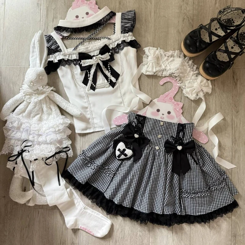 

Новый летний милый японский комплект из 2 предметов с бантом и кружевом в стиле каваи: дизайнерский модный комплект с короткой юбкой с завышенной талией для женщин