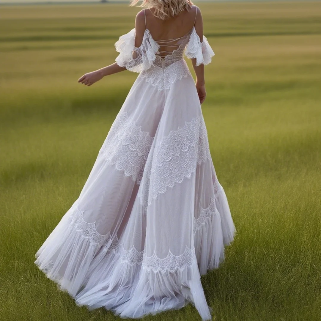 

Customized wedding dress in champagne color with a V-neck, unique sleeves, sash, lace, A-line backless formal bridal gown