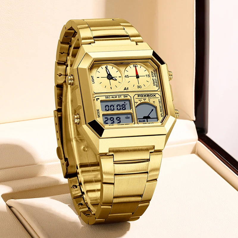 Relógio Masculino FOXBOX Quadrado Dourado em Aço Inoxidável Analógico Digital para Homens, Relógio Militar Esportivo à Prova d'Água com Cronógrafo LED