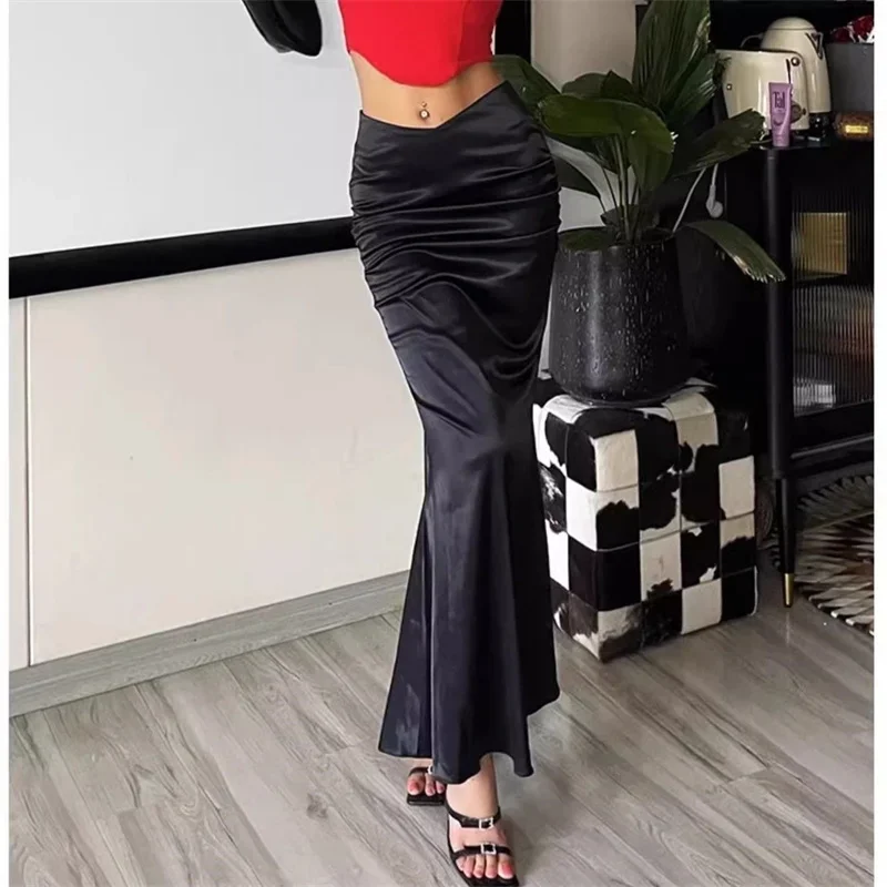 

Новая элегантная летняя юбка-русалка, женская модная атласная юбка с высокой талией, тонкие однотонные длинные вечерние клубные юбки с запахом на бедрах Jupe