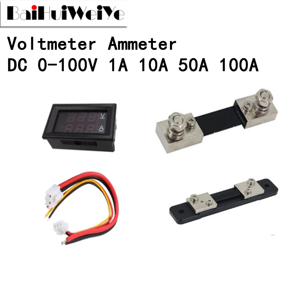 DC0-100V 1A 10A 50A 100A Voltmeter Ammeter Red Blue LED Amp Dual Digital Volt Meter Gauge LED Display 50A 100A Diverter