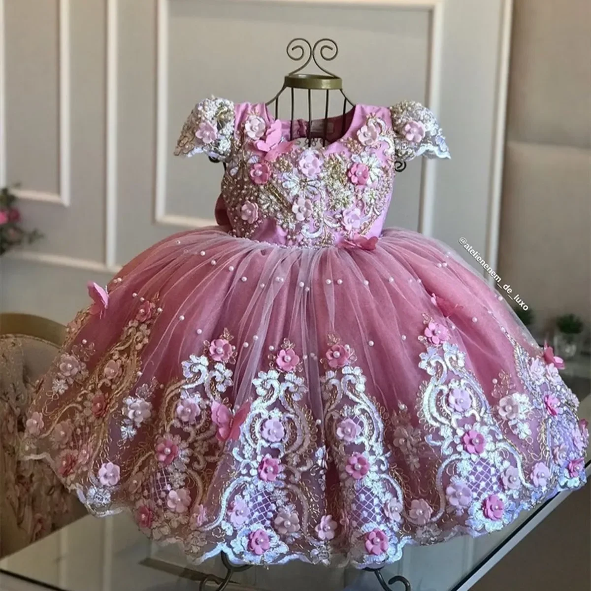 

Flower Girl Dresses Luxury Princess Applique For Wedding Tulle Pearls Ball Pageant Kids Birthday Gift Party First Communion Gown