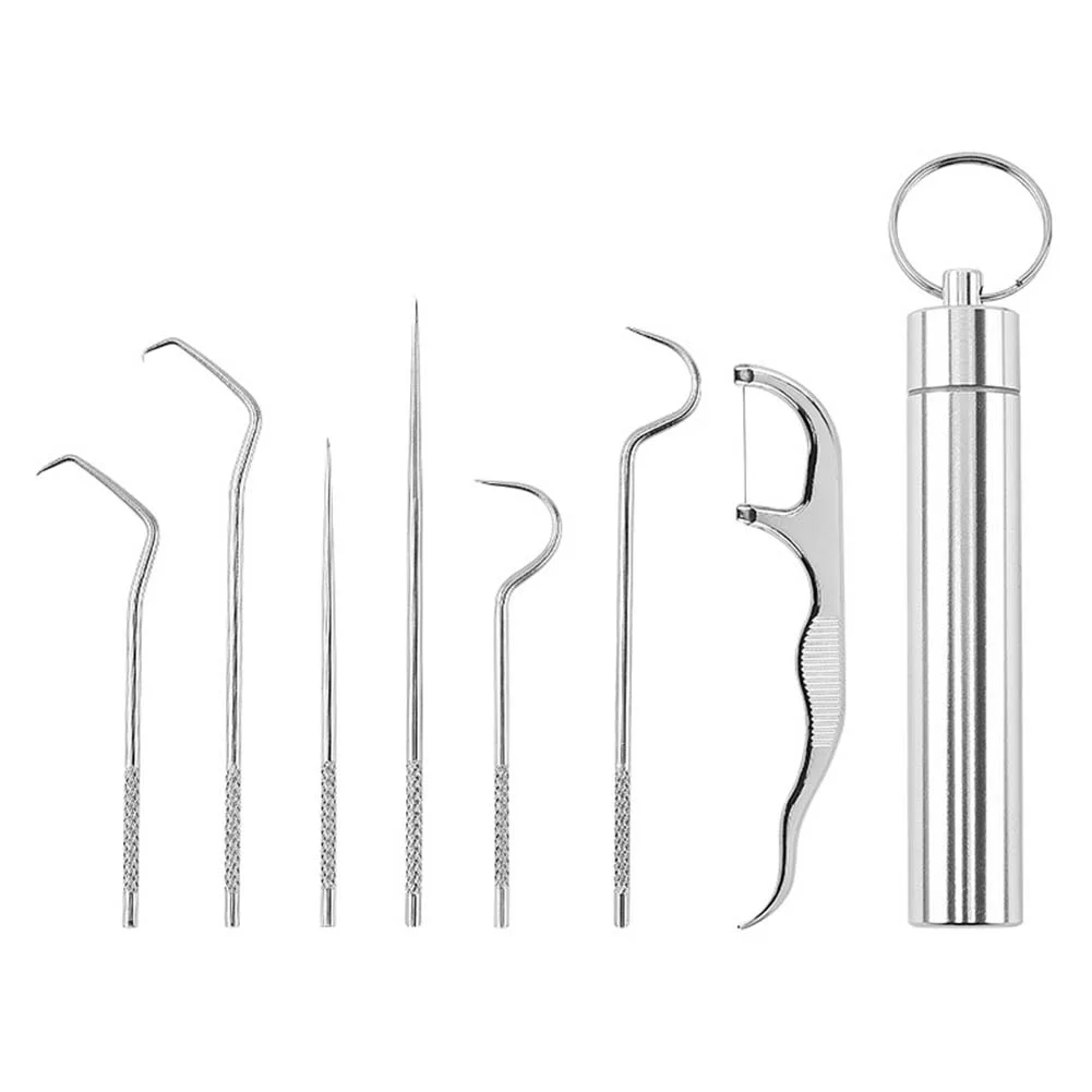 7 Stück Edelstahl Zahnstocher Set tragbare Mun drein igungs werkzeuge Zahnseide Artefakt Outdoor