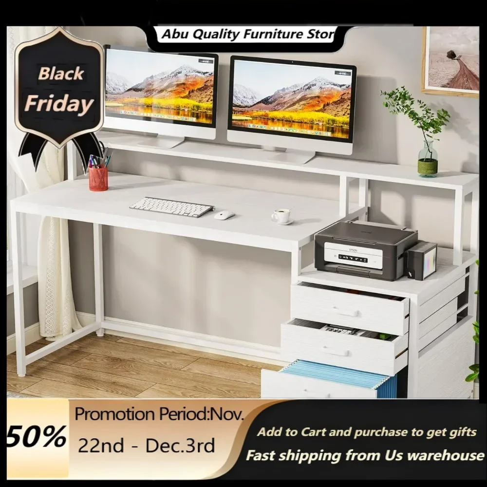 63 Inch Computer Desk with File Drawer Cabinet,Ergonomic Office Desk with Monitor Stand, Computer Table with Printer Space,Wood