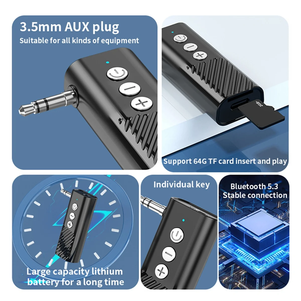 Transmissor receptor sem fio bluetooth 5.3, adaptador usb 3 em 1, receptor de áudio, carregador de carro bluetooth aux para alto-falantes de tv n01r