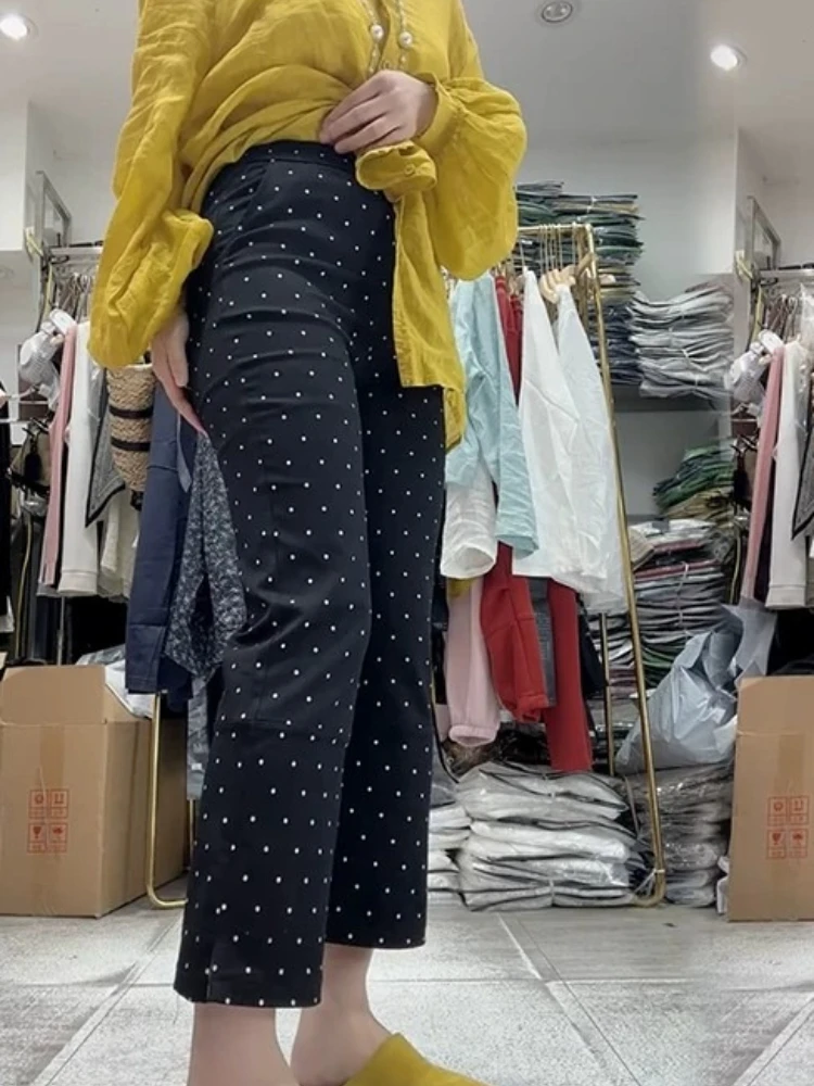 Pants Summer Lightweight Polka Dot Slight Flare Petite Cropped Straight Leg Black Elegant Chic Casual Slimming Slit Trousers