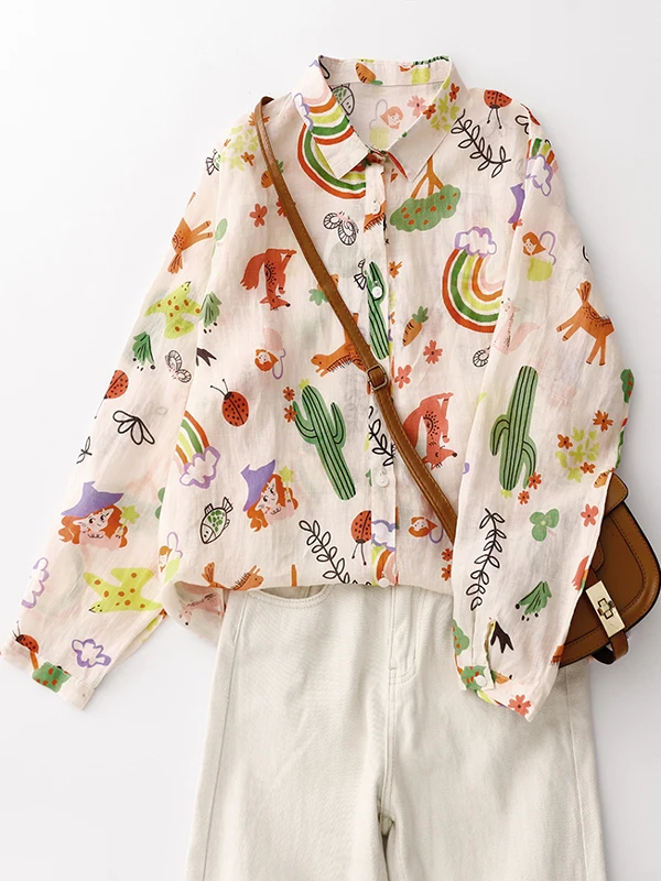 Retro Japanische Cartoon Print frauen irt Sommer Faion Lose Dünne Sonnenschutz Strickjacke Top Kragen Lange Sve