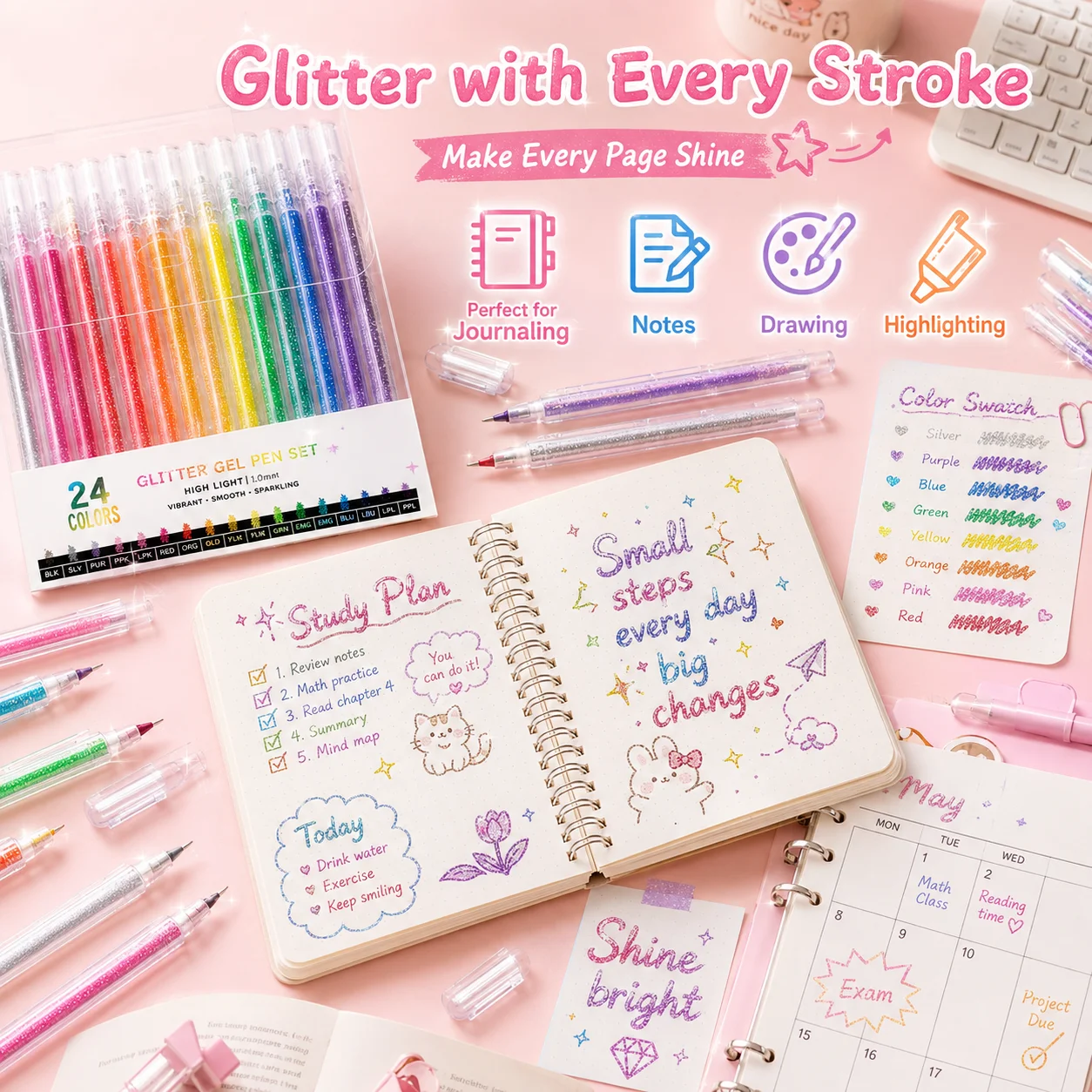 Colorful Sparkle Gel Markers, Fluorescent Highlighters for Kids Journaling, Overlapping Color Art Pens for Students
