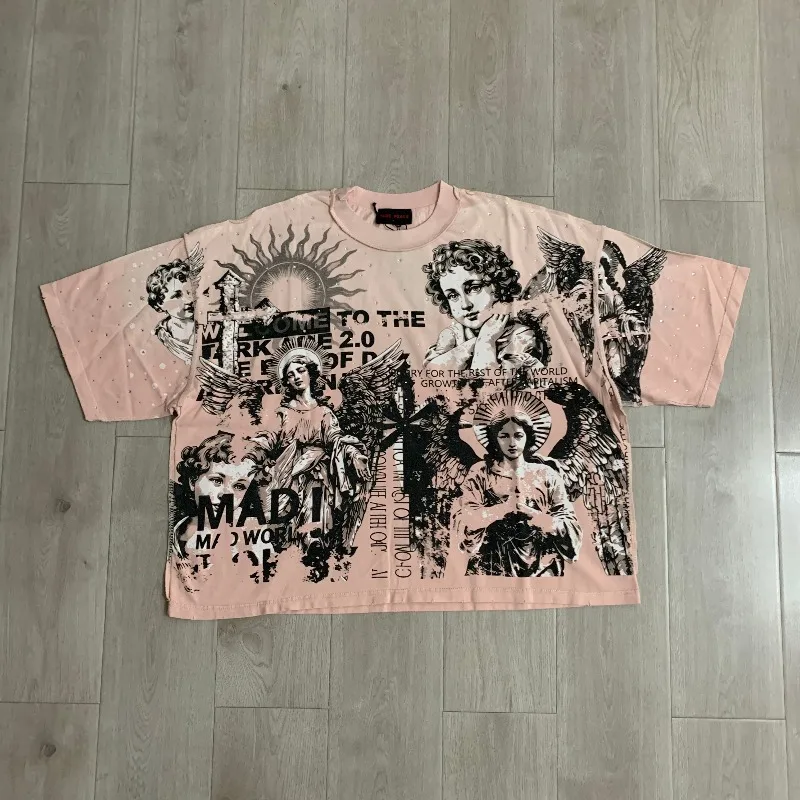 Summer Vintage RARE PEACE Short Sleeve T-shirt High Street Rhinestone Angel Statue Print Cotton Tee Tops