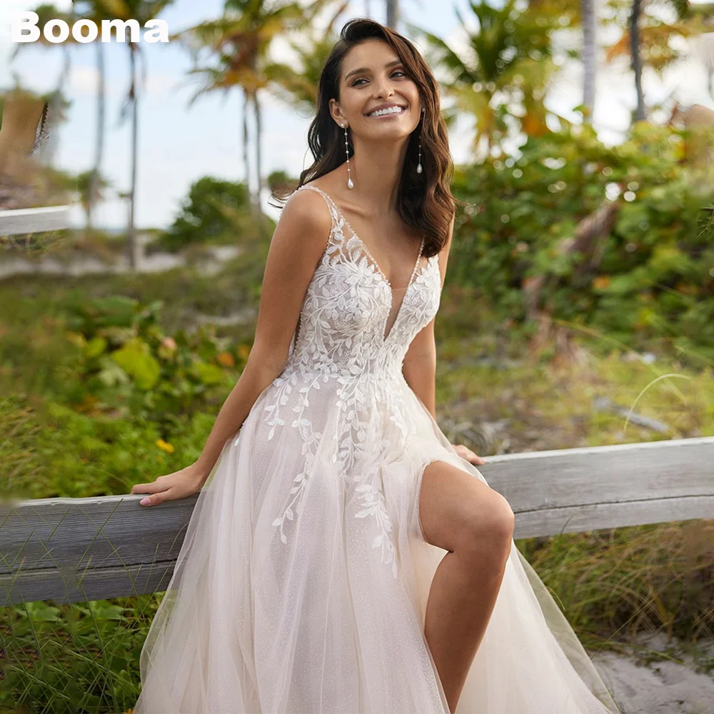 Booma Appliques Elegant Brides Dresses for Women Sleeveless V-Neck Wedding Party Dresses Leg Slit Tulle Bridals Gowns vestidos