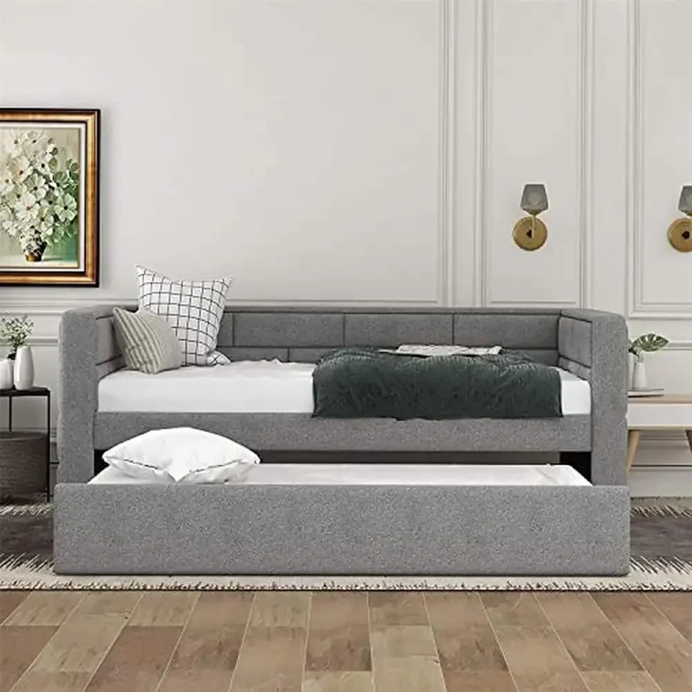 Upholstered Twin Daybed Frame with Trundle Bed Padded Back and Sides Wood Construction No Box Spring Needed Gray Color Sturdy