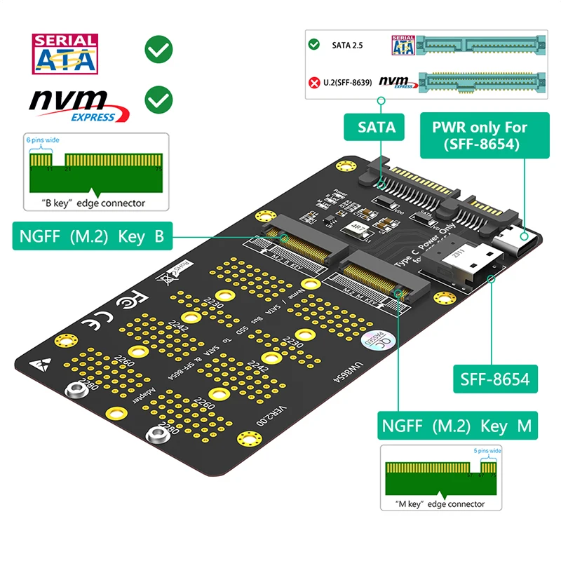 مهايئ M.2 SSD مع مفتاح NVME M من النوع C ، ومفتاح SATA B إلى SATA "، دعم اللوحة ، ، ،! ،