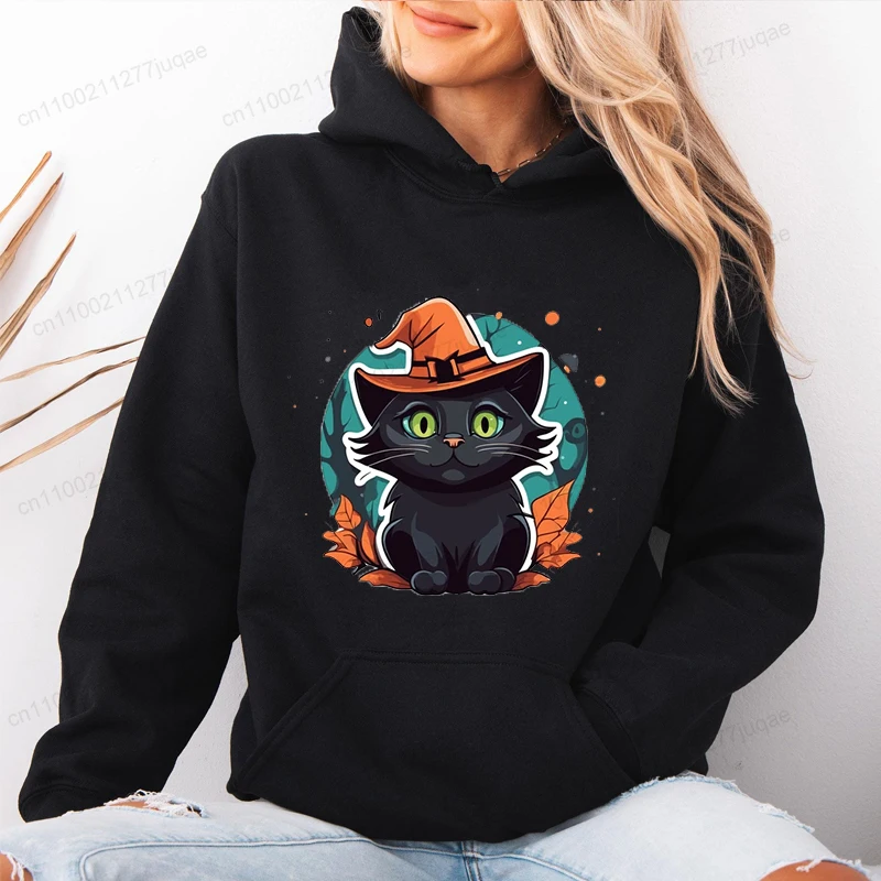 ساحرة القطة السوداء المرأة هوديس ملابس رياضية الصوف هوديي الشارع هوديي موضة قمصان غير رسمية هالوين الرعب القط طباعة الملابس