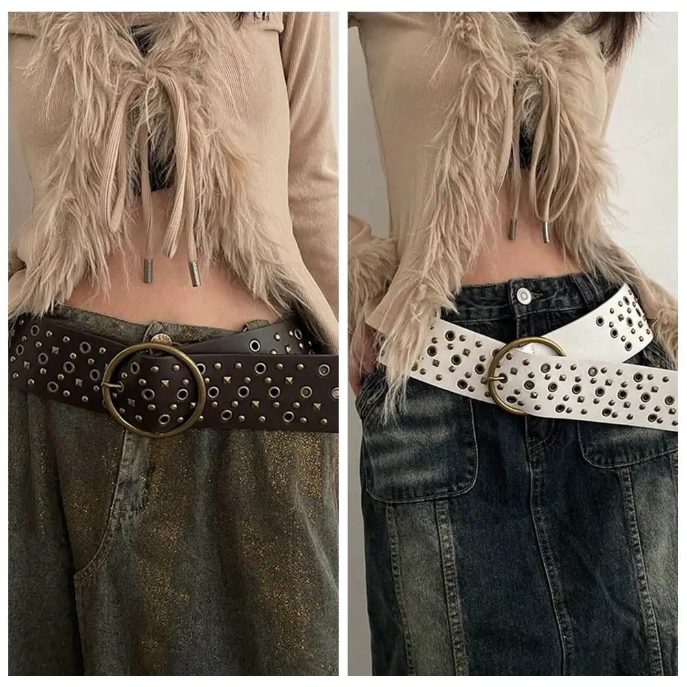 Mode Klinknagel Cowgirl Riem Harajuku Ronde Gesp Brede Tailleband Y 2K Esthetische Pu Lederen Riem Dames