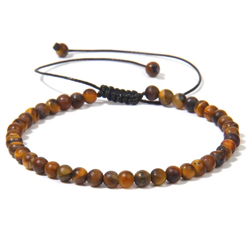 Pulsera de piedra Natural de 4mm para hombre, ojo de tigre, lapislázuli, piedra de cebra, cuentas negras tejidas, abalorio ajustable, pulsera deportiva para parejas y mujeres