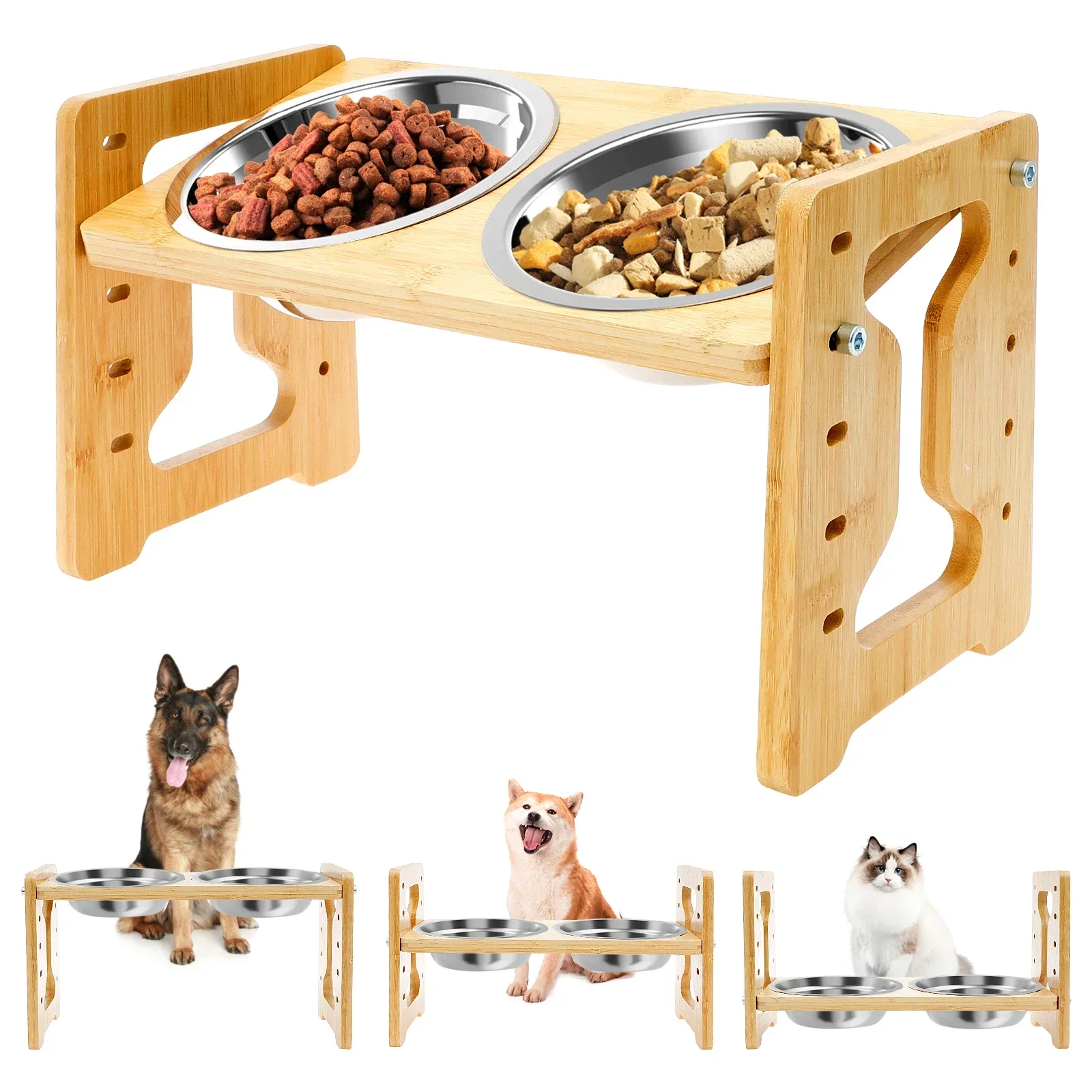 

Elevated Dog Feeder Bowls Adjustable Raised Stand Wood Pet Double Stainless Steel Bowl Cat Dog Food Water Accessories