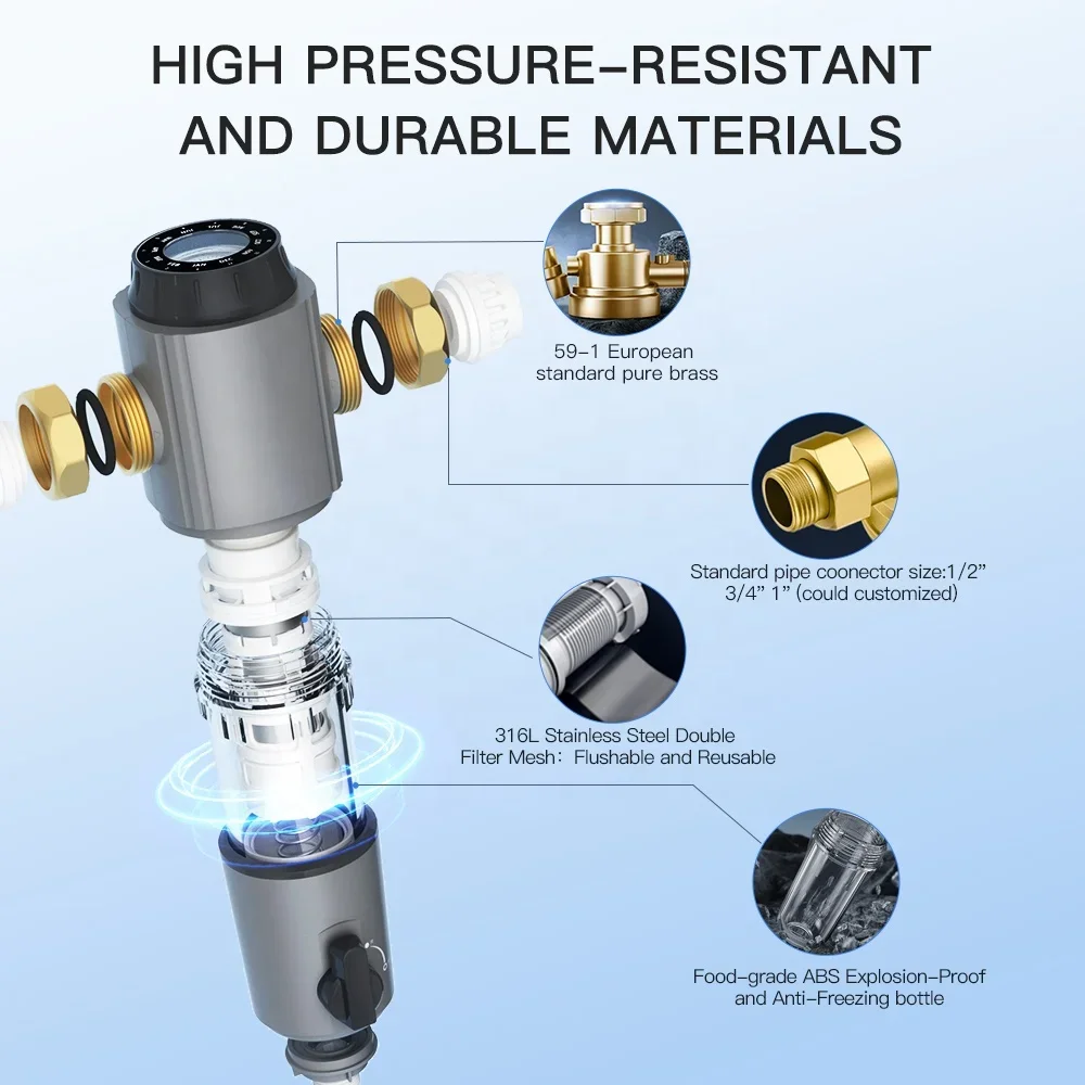 Smart Auto Backwash Whole House Water Filter Flush Timer Memory & Turbine Scraper Reusable Stainless Steel Pre Filtration System