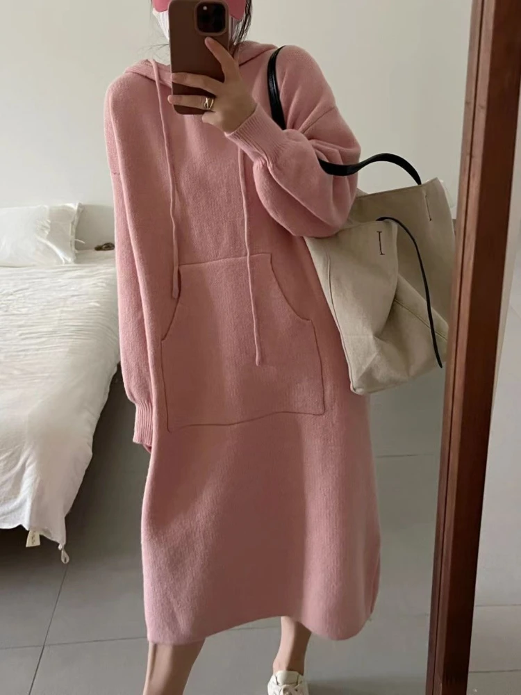 Jesienno-zimowe bluzy z kapturem, sukienki swetrowe dla kobiet, modne sukienki midi z koronkowym wiązaniem na dole, z kapturem, długie sukienki, ciepłe, codzienne, luźne bluzy.