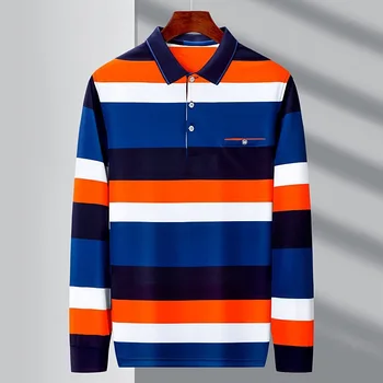 2023 ilkbahar ve sonbahar erkek şerit kontrast Polo yaka düğmesi cep kazak moda rahat uzun kollu Tee T-shirt