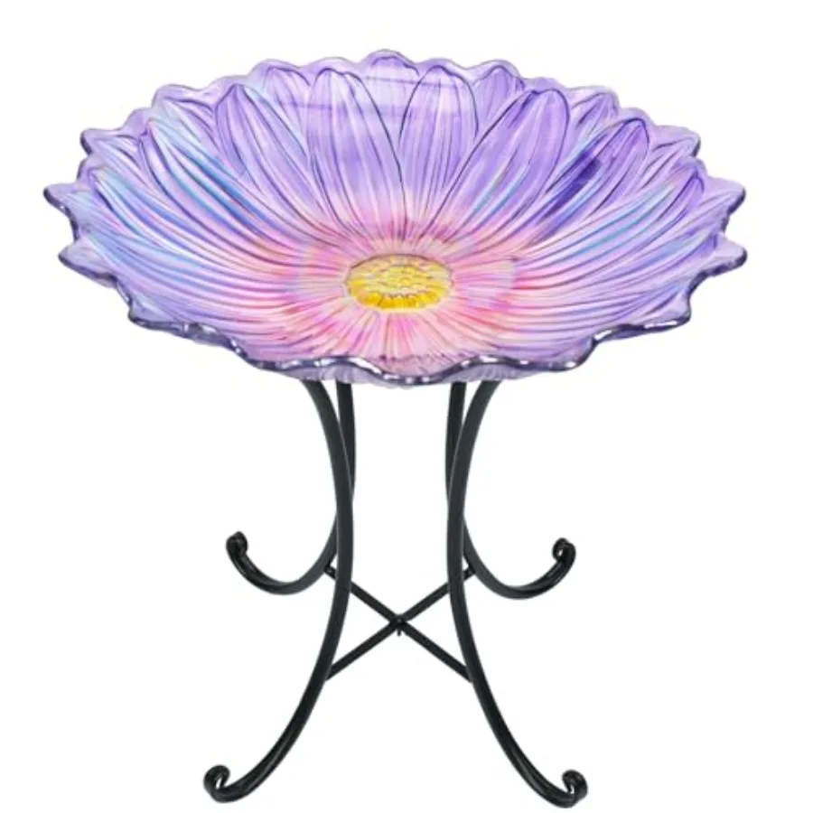 

Outdoor Glass Birdbath with Metal Stand for Outside Yard Garden Decor, 18 inch Diameter Purple Bird Baths Bowl for Outdoors, 21 inch Height