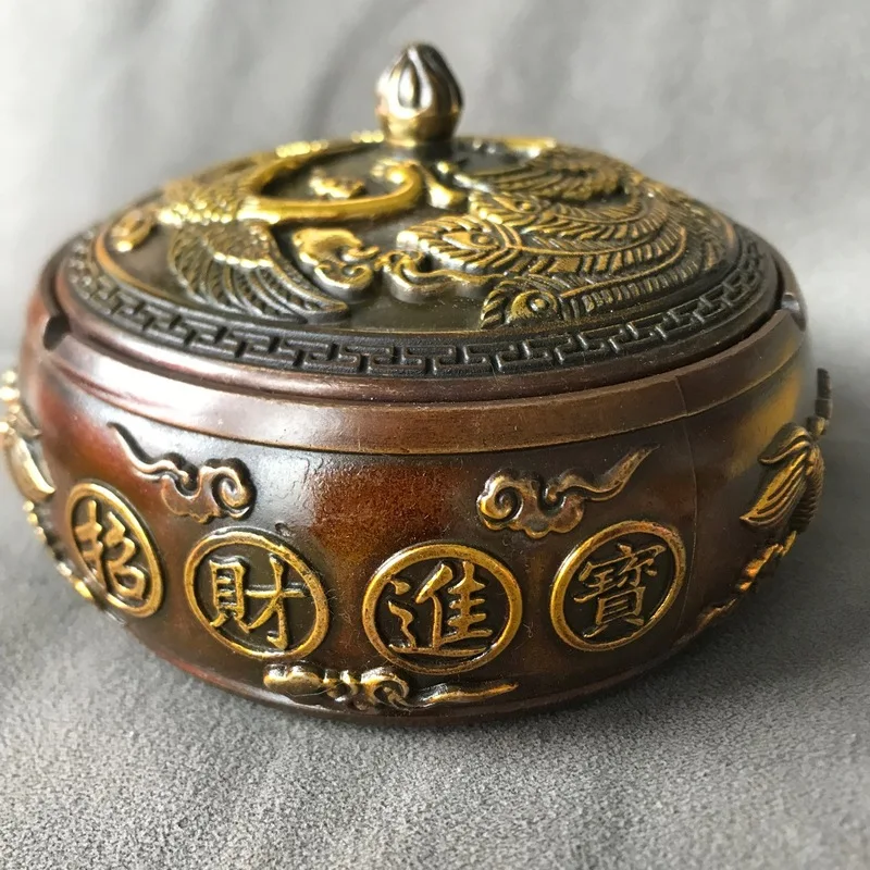 Antique Brass Dragon and Phoenix Ashtray with Openable Lid Storage Container Craft Item