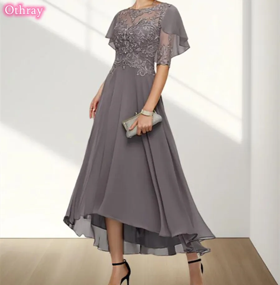 

Othray Modest Mother Of The Bride Dresses Lace Applique A Line Chiffon Formal Evening Gowns Scoop Neck Half Sleeves Tea Length