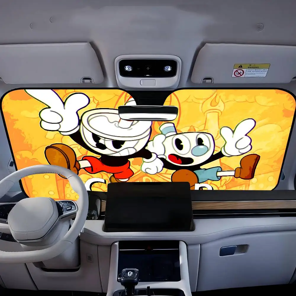 Funny C-Cuphead Cartoon Novelty Car Front Windshield Sunshade 70x130cm Cartoon Foils Car Window Windscreen Cover view 5