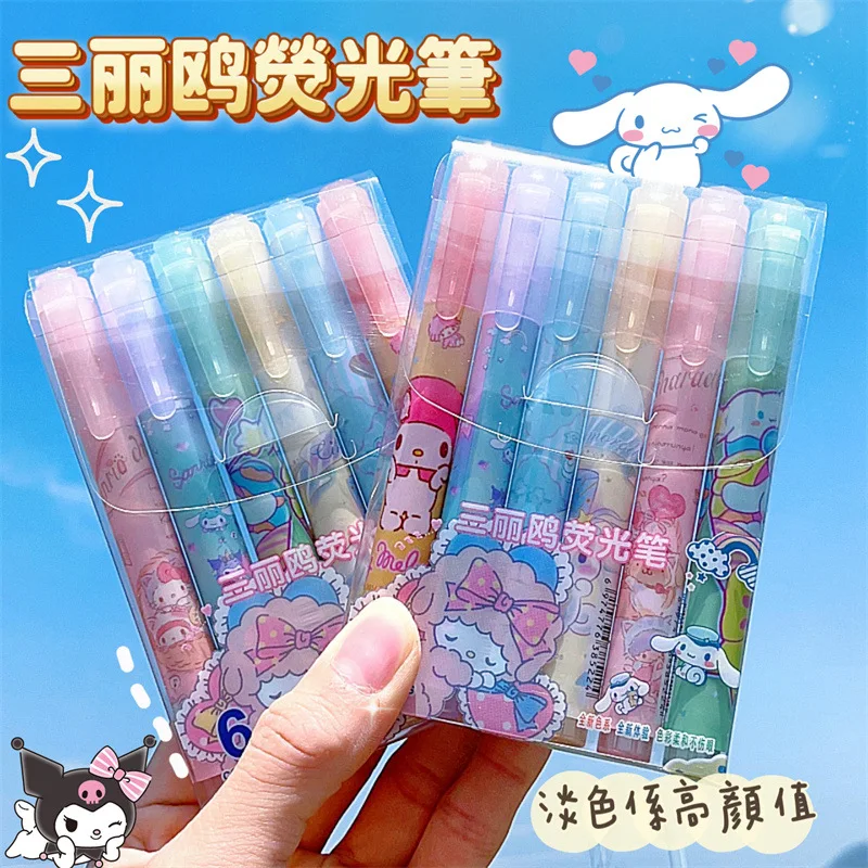 

6pcs Sanrio Kawaii fluorescent pen light color marking making notes hand account Marker pen student school stationery wholesale