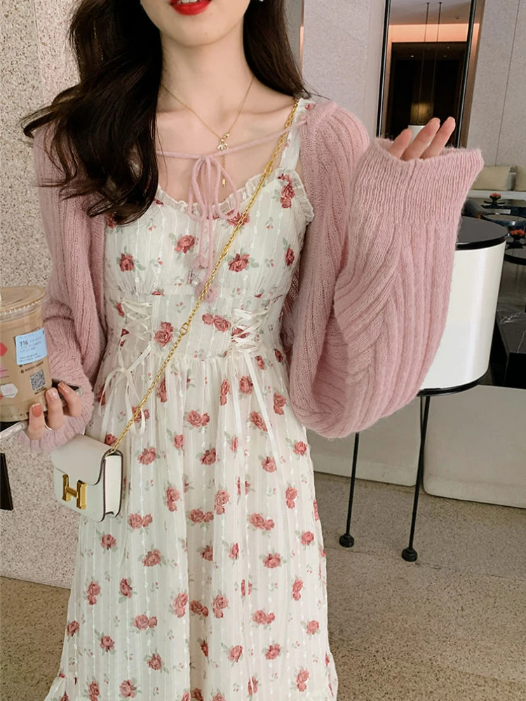 

Floral Elegant Slip Dress Women Belt Designer Korean Fashion Party Dress Female Casual Vintage Chic 2023 Summer One-piece Dress