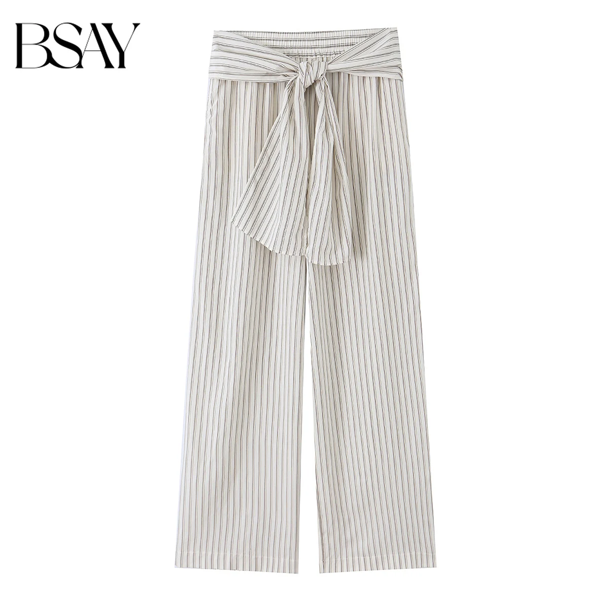 BSAY Frühling Sommer Gestreifte High-Waist Wide-Leg-Hose Streetwear Schicke Damen-Hose mit Schleife Gerade geschnittene Freizeithose Mujer