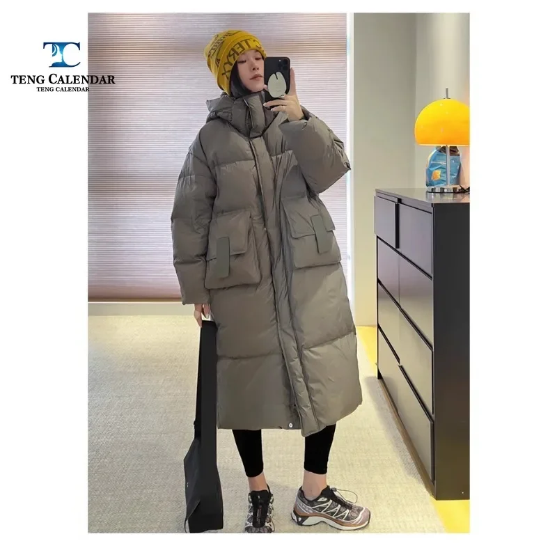 Korean Loose Long Down Jacket for Women, Fluffy Thick Hooded Jacket, Knee Shaped, New Style, Winter