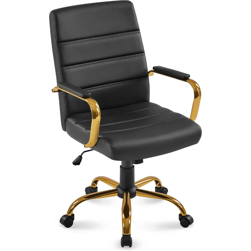 

Mid-Back Office Chair PU Leather Desk Chair Adjustable Executive – Task Chair with Lumbar Support & Gold Finish Legs