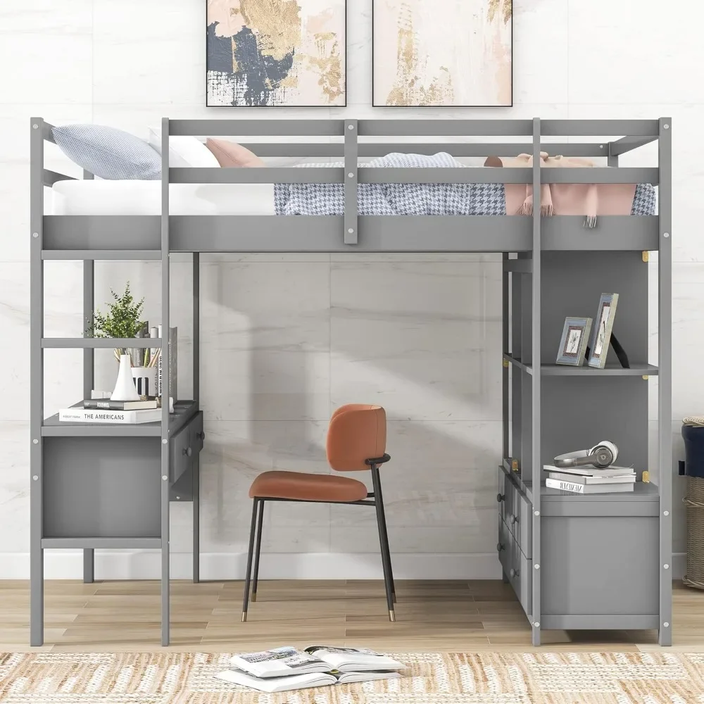 Full Size Loft Bed with Built-in Desk and Two Drawers for Toddlers,Kids Teens Wood Full Loft Bed with Storage Shelves