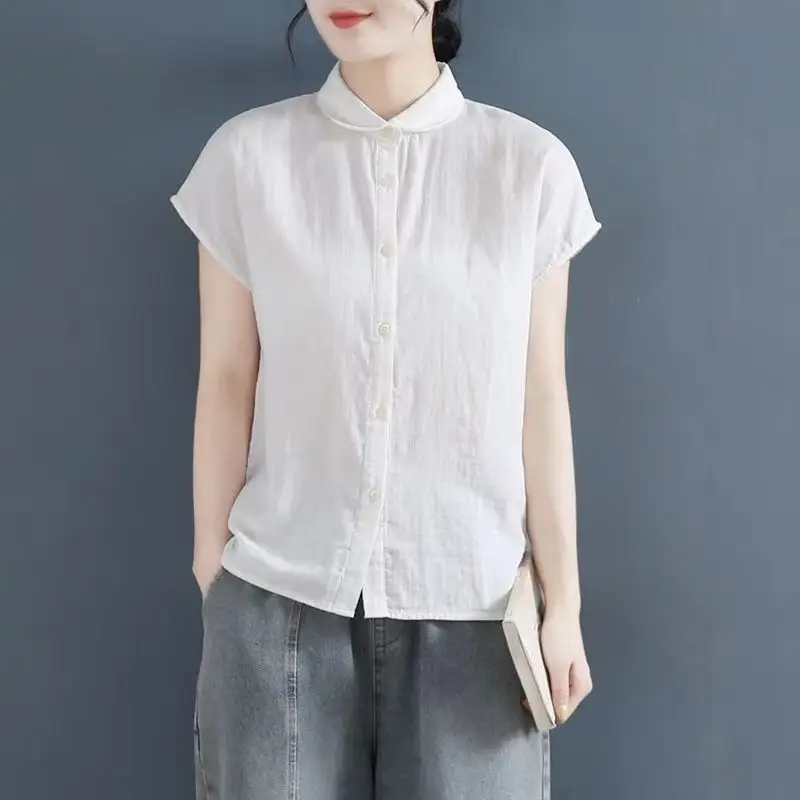 Shirts Women Short Sleeve Casual Elegant Chinese Style Summer Chic Femme All-match Comfortable Leisure Solid Simple Mujer Ropa